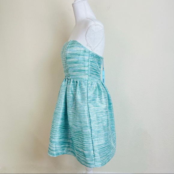 NWT Minuet Blue Teal Sparkle Tinsel Fit & Flare Strapless Mini Dress - Picture 4 of 16
